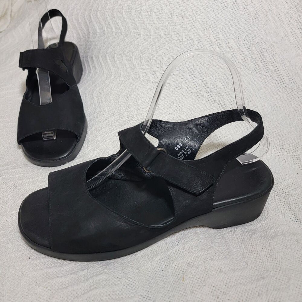 Munro American Black Nubuck‎ Block Heel Wedge Sandals 9.5 WW Double Wide M380886
